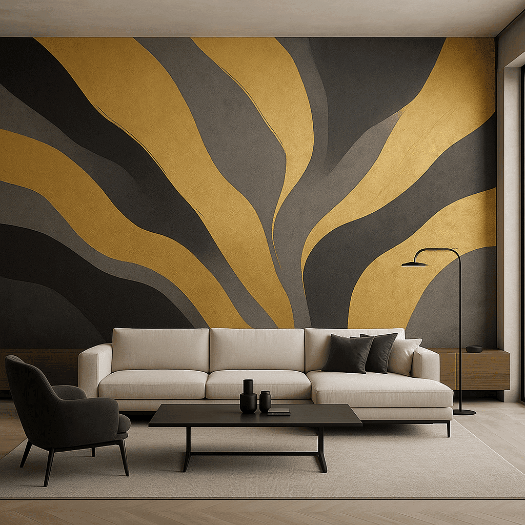 “Luxe abstracte goud-zwart muurprint in moderne penthouse woonkamer, professioneel geprint met WallPen E2 door Inkspire Walls.”