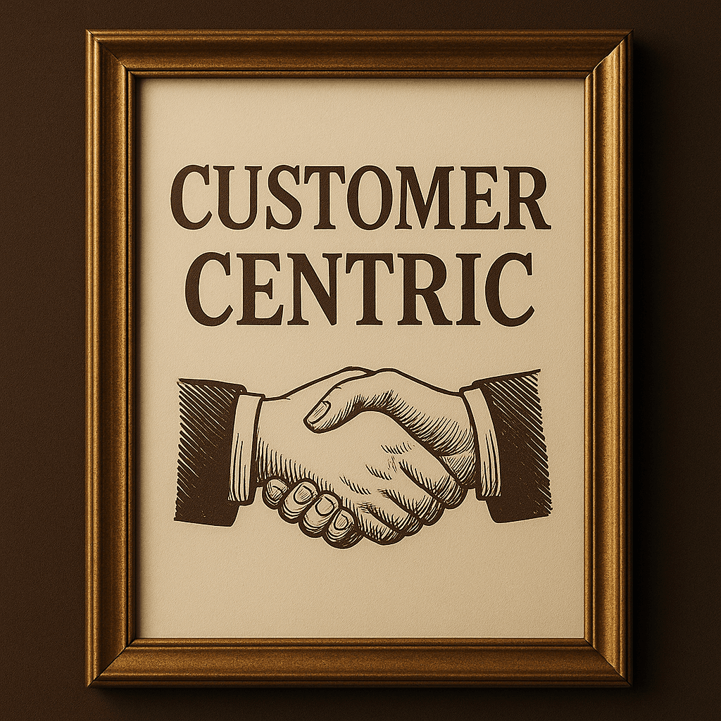 Kunstprint met ‘Customer Centric’ en handdruk – vertegenwoordigt klantgerichte service van Inkspirewalls.