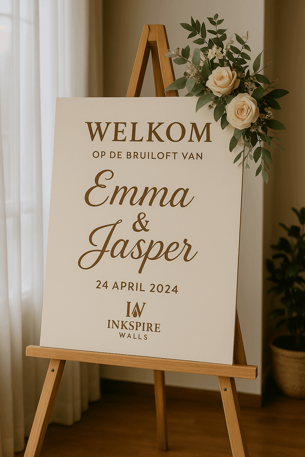 Luxe wedding welkomstbord met elegante typografie, geprint op maat op hoogwaardig materiaal.