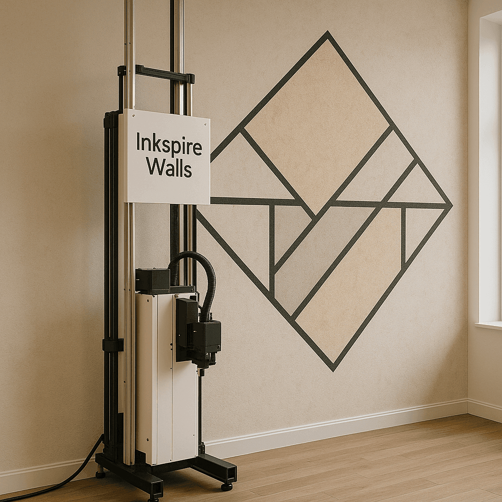 WallPen E2 muurprinter die geometrische lijnkunst print op een wand – innovatieve printtechnologie van Inkspirewalls.