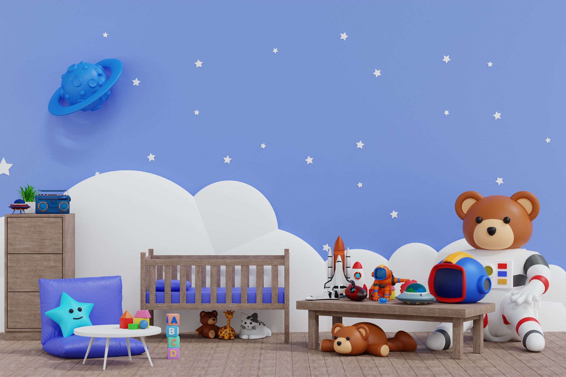 Baby kid room wall decoration rocket planet space adventure, doll and toy, nursery children room, 3D rendering.