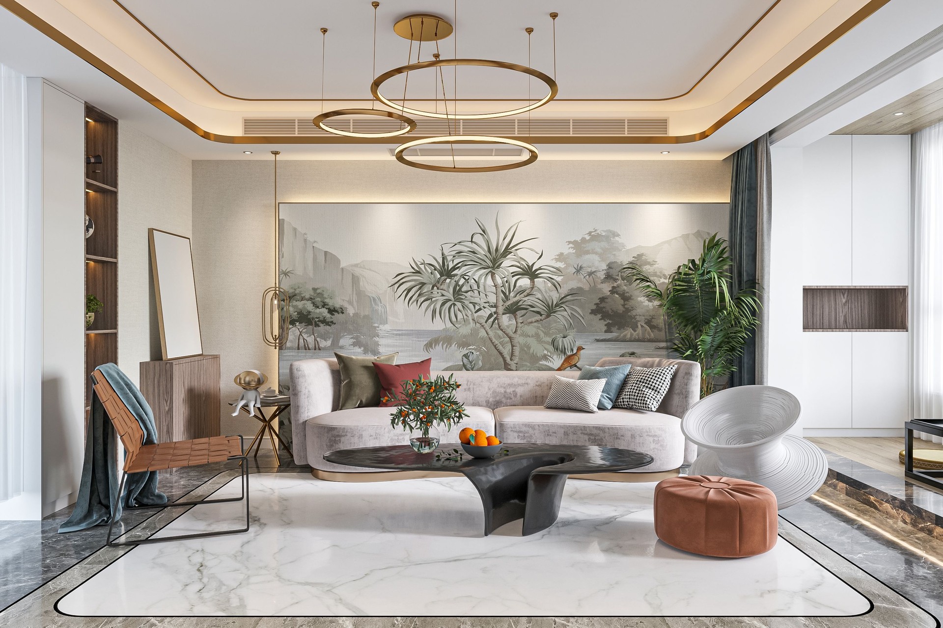 Modern Luxury Living Room with Elegant Furniture and Nature-Inspired Mural