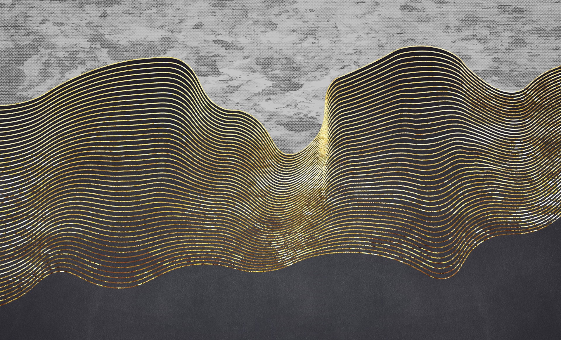 Abstract modern mural wallpaper. golden waves. 3d modern canvas art with gray and black background