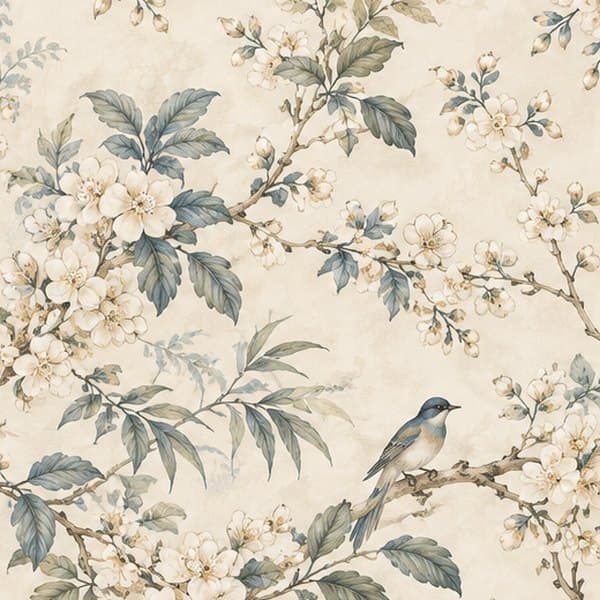 Detail: bloesem en blauwe vogels