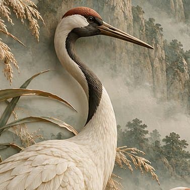 Detail: kraanvogels bij de maan