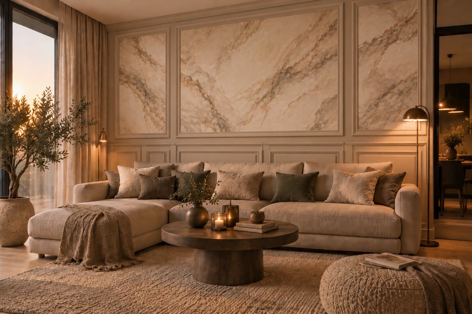 Dezelfde woonkamer als compleet wanddesign: sierlijsten, lambrisering en een marmerprint in de wandvakken