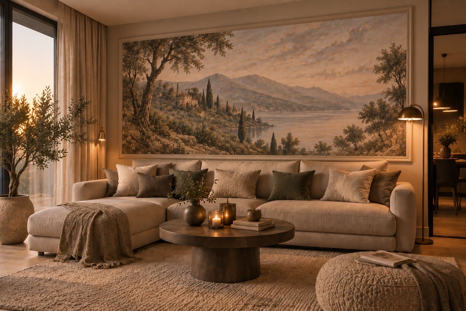 Dezelfde woonkamer met een geprint landschap binnen een echte sierlijst