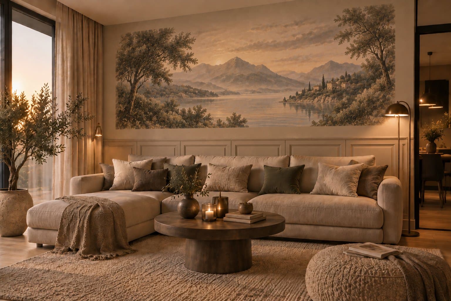 Dezelfde woonkamer met een geprint landschap boven klassieke lambrisering