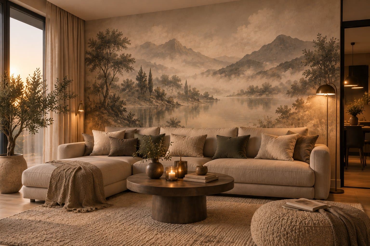 Woonkamer met een mistig berglandschap en meer, dat zacht uitloopt in de muurkleur