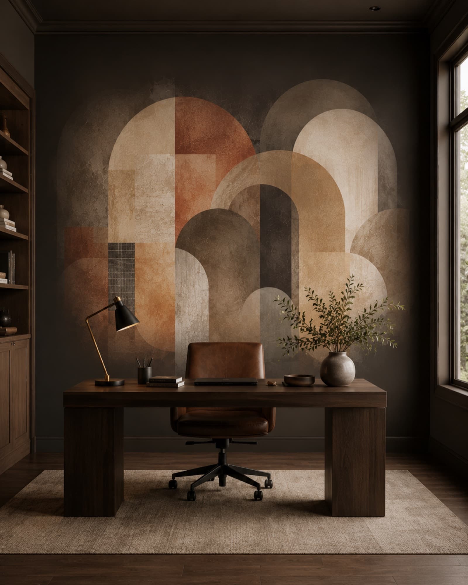 Bogen in terracotta: muurprint in een kantoor