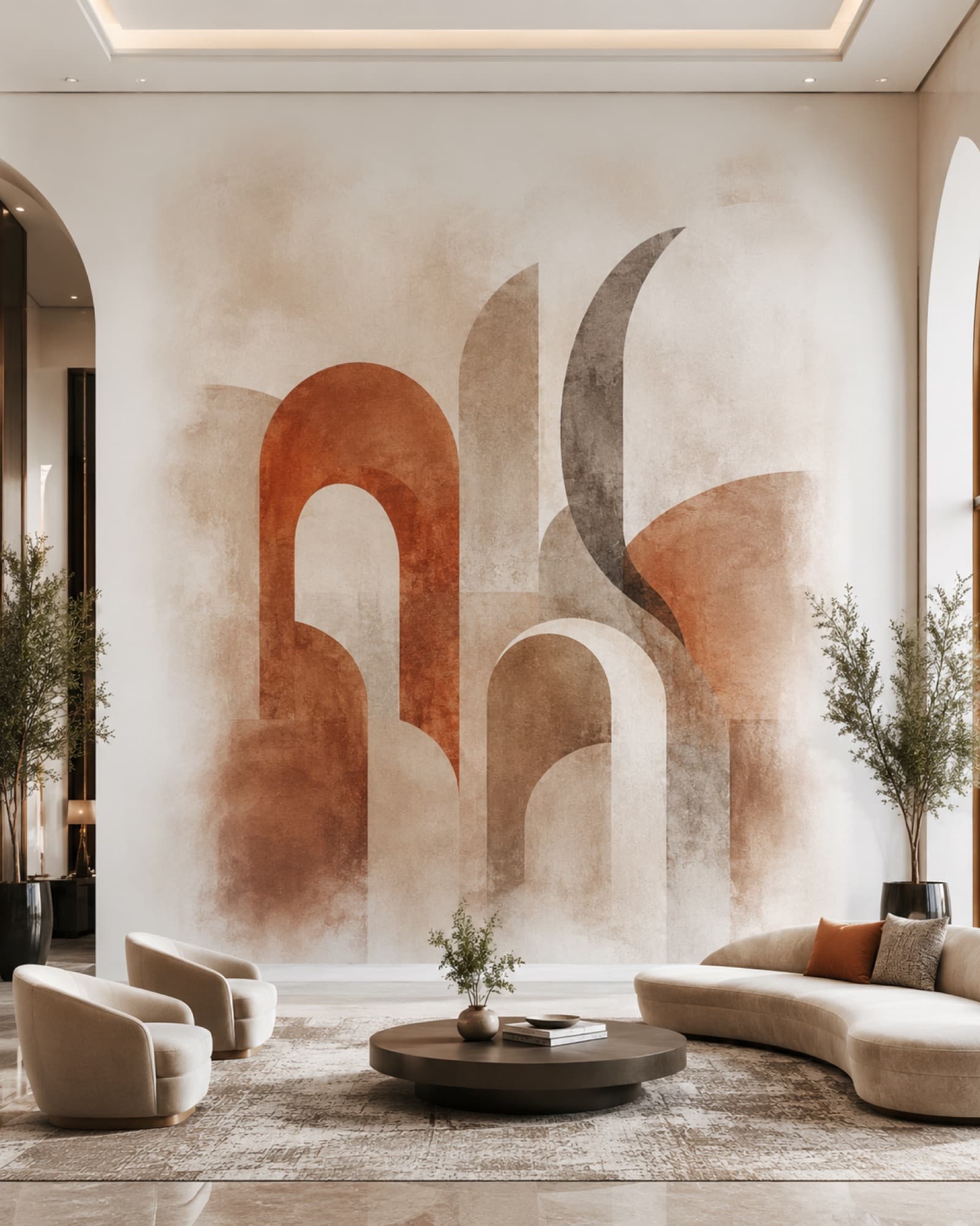 Bogen in terracotta: muurconcept (woonkamer)