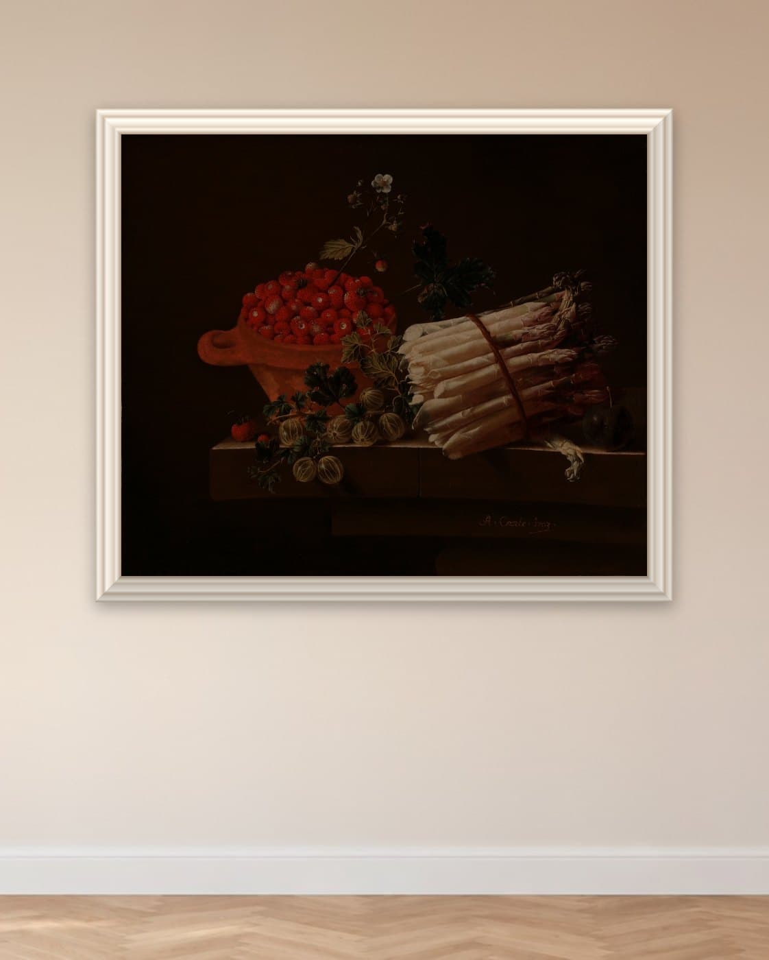 Aardbeien en asperges van Adriaen Coorte: op de muur geprint en omlijst met een echte sierlijst