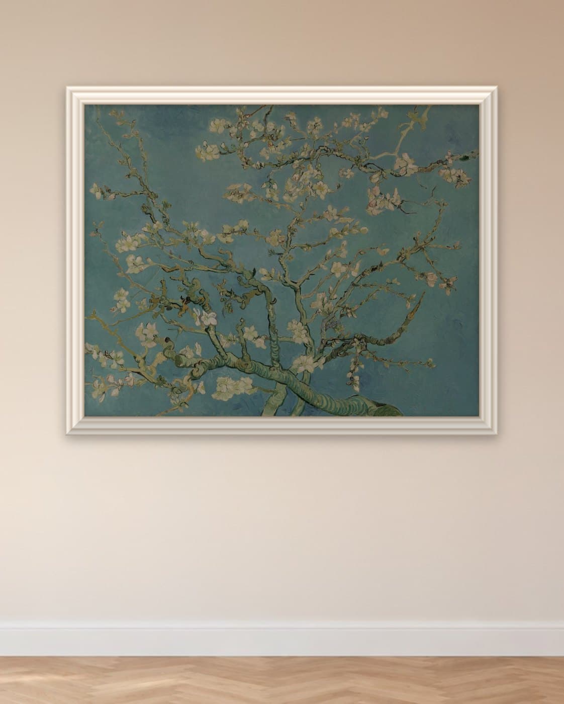 Amandelbloesem van Vincent van Gogh: op de muur geprint en omlijst met een echte sierlijst