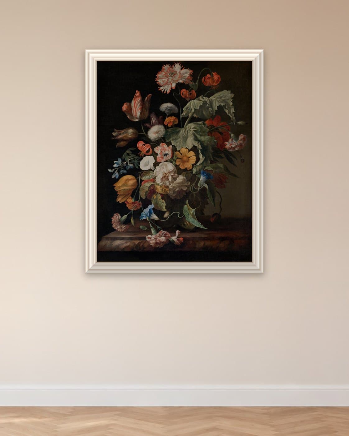 Bloemstilleven van Rachel Ruysch: op de muur geprint en omlijst met een echte sierlijst