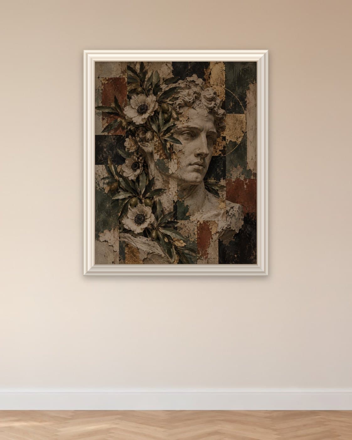 Buste met olijf: op de muur geprint en omlijst met een echte sierlijst