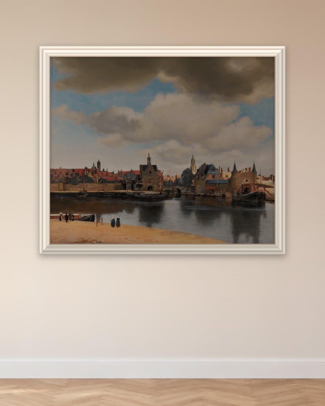 Gezicht op Delft van Johannes Vermeer: op de muur geprint en omlijst met een echte sierlijst