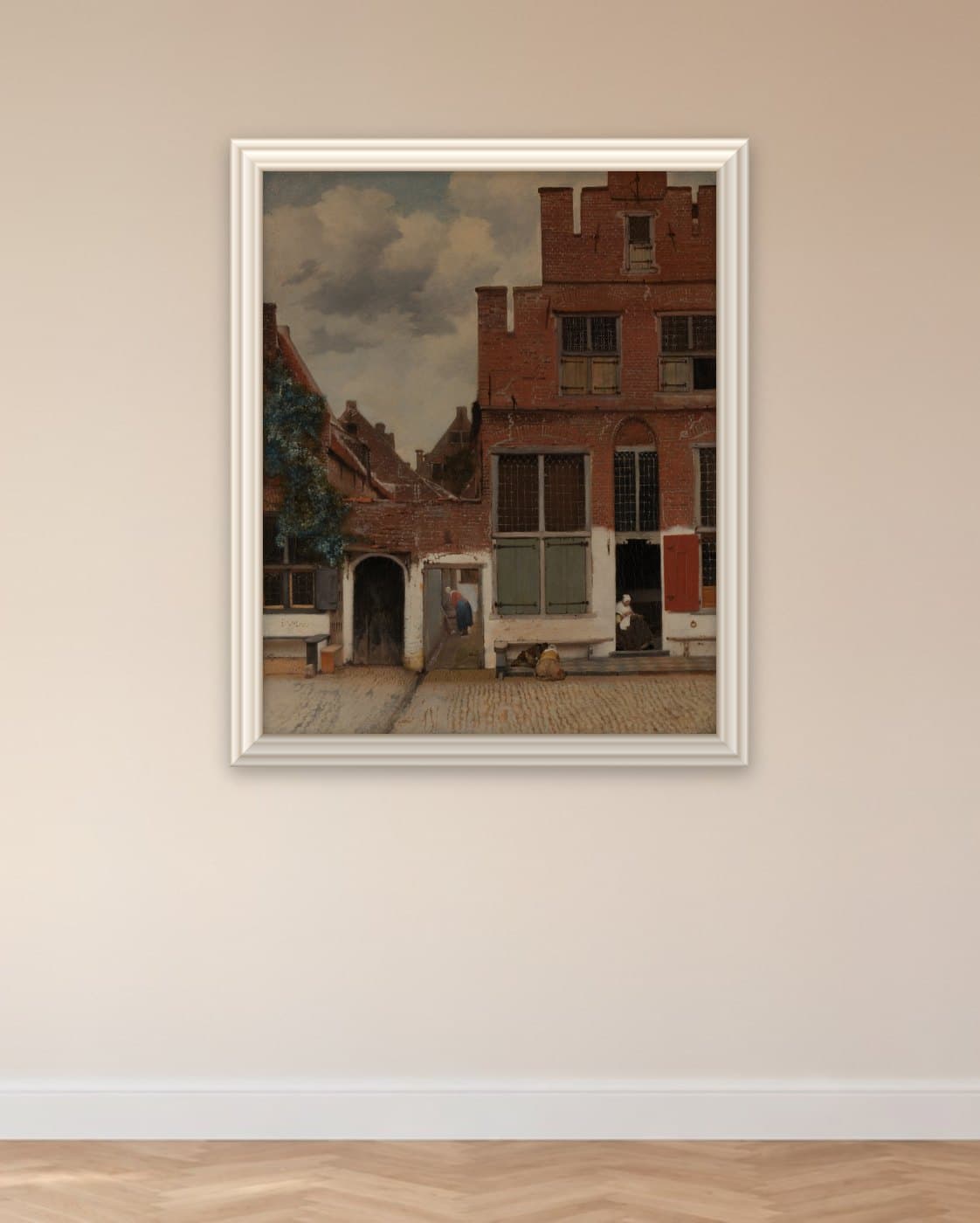 Het straatje van Johannes Vermeer: op de muur geprint en omlijst met een echte sierlijst