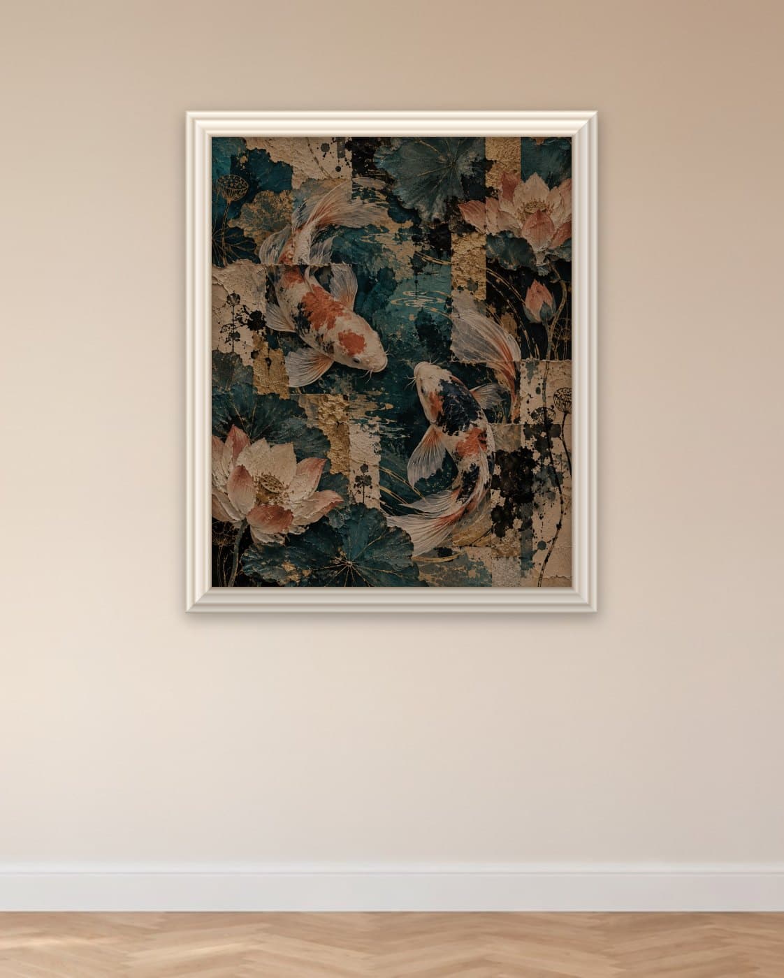 Koi en lotus: op de muur geprint en omlijst met een echte sierlijst
