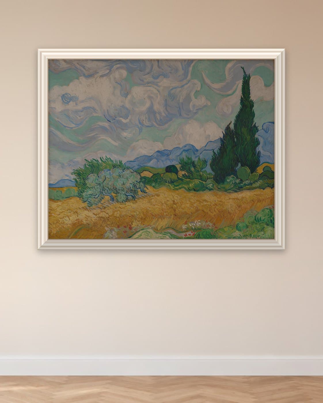 Korenveld met cipressen van Vincent van Gogh: op de muur geprint en omlijst met een echte sierlijst