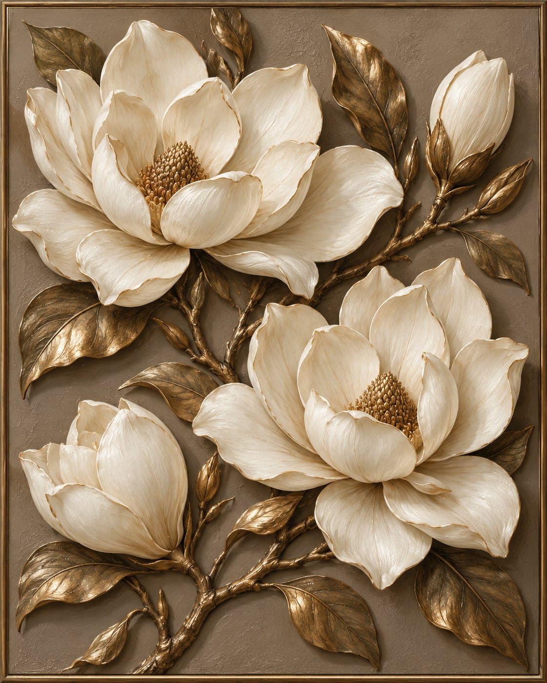 Magnolia in ivoor en brons: op de muur geprint en omlijst met een echte sierlijst