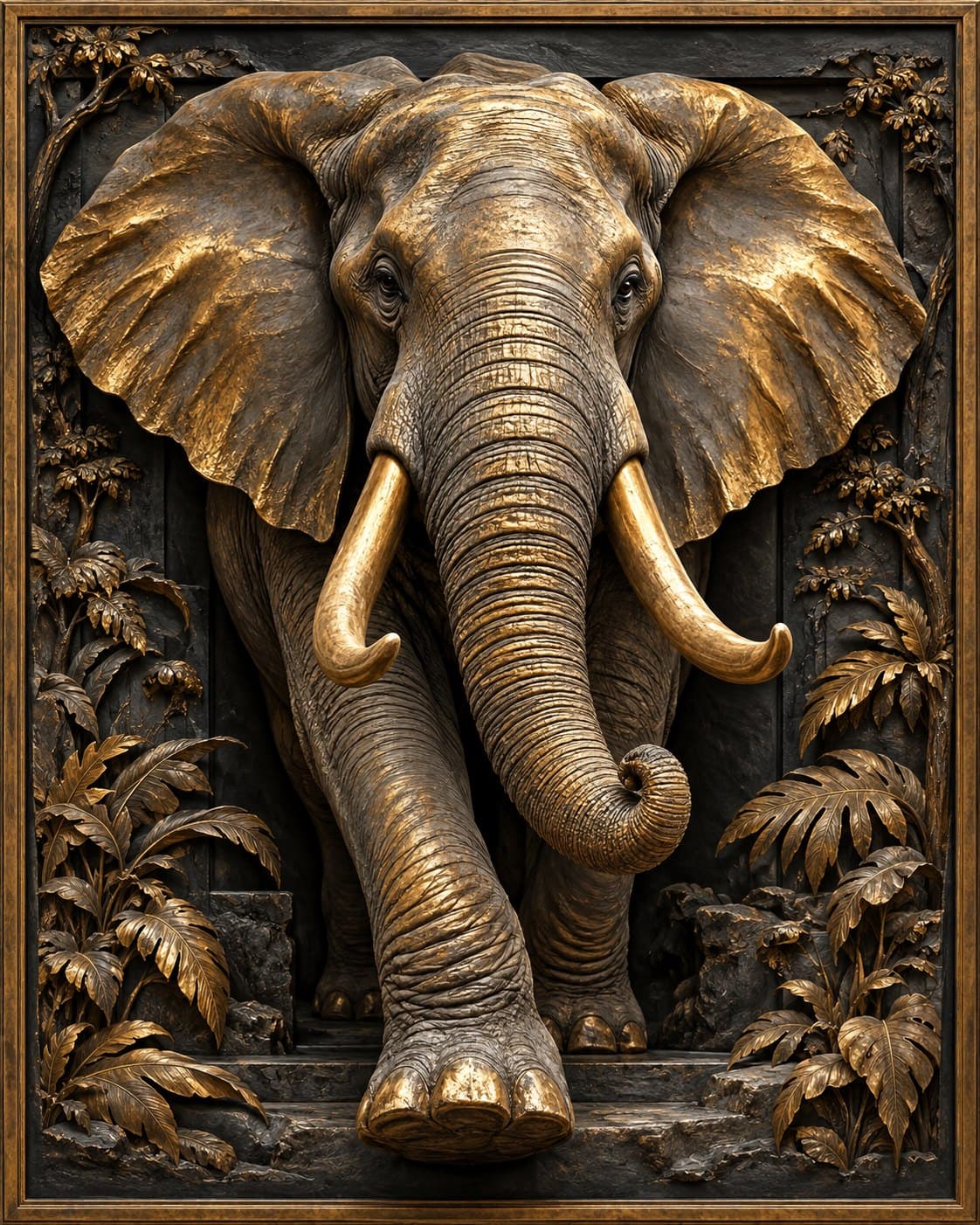 Olifant in brons en goud: op de muur geprint en omlijst met een echte sierlijst