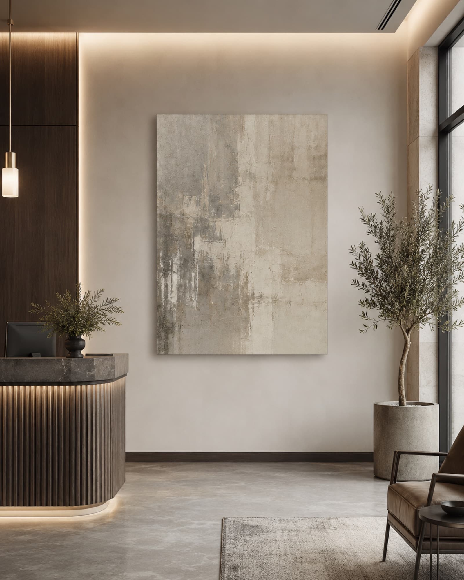 Kunstwerk geprint op de wand van een ontvangstruimte