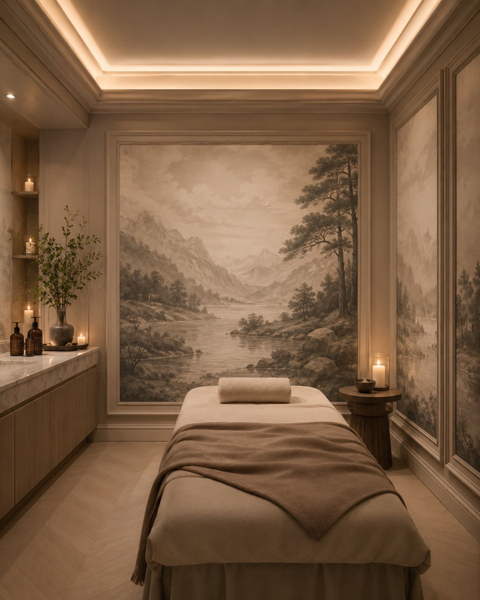 Meer bij schemer: muurconcept (wellness)