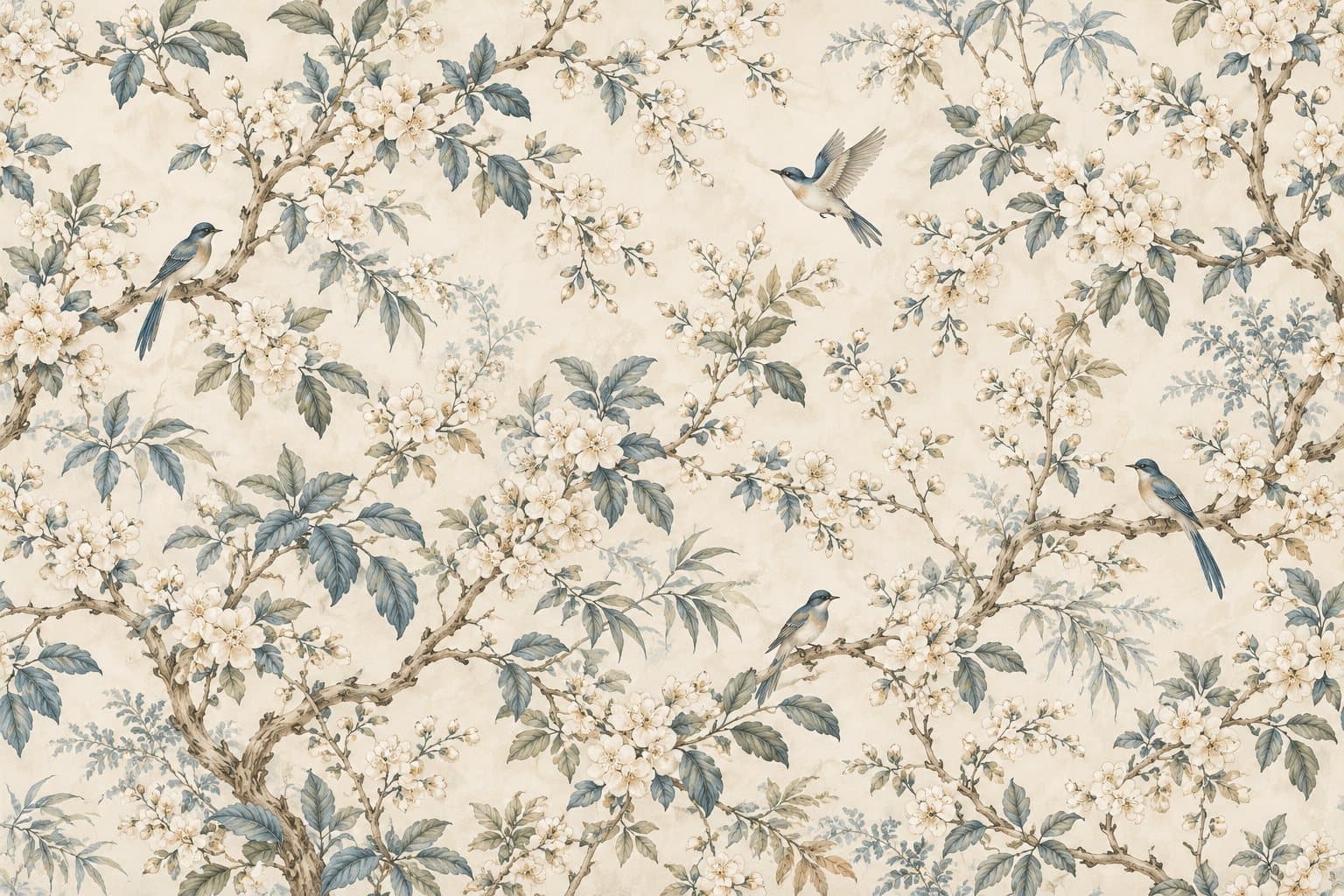 Bloesem en blauwe vogels: muurprint zonder kader, geprint op de muur