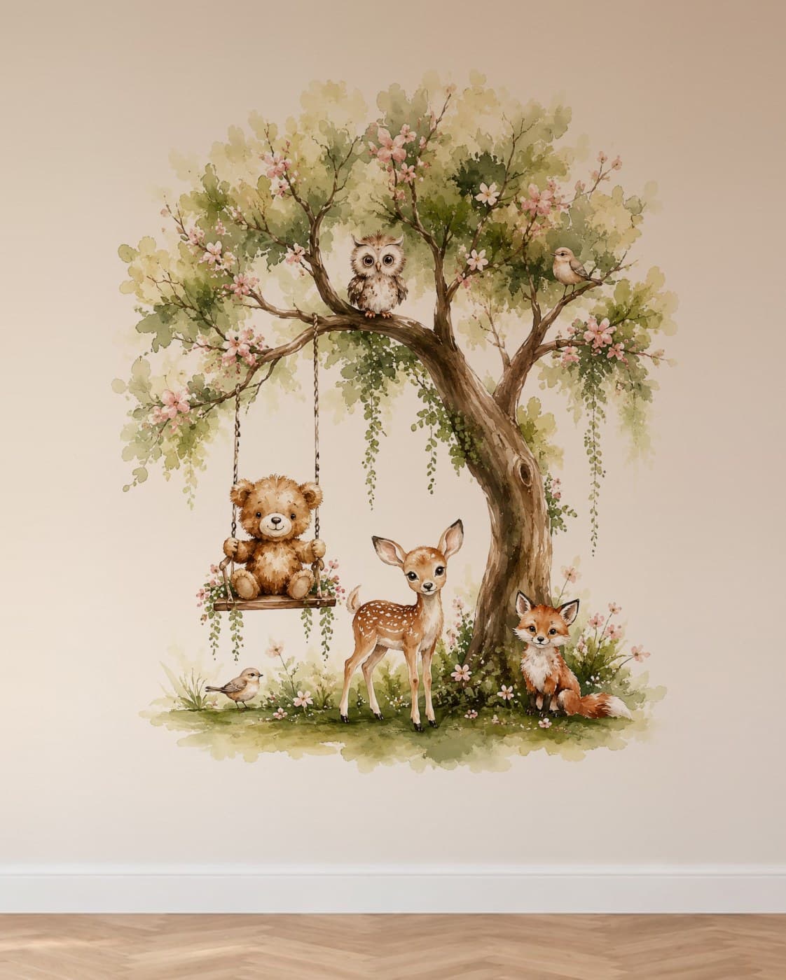 Beertje op de schommel, met reekalf en vos onder een bloeiende boom, geprint op een kinderkamermuur