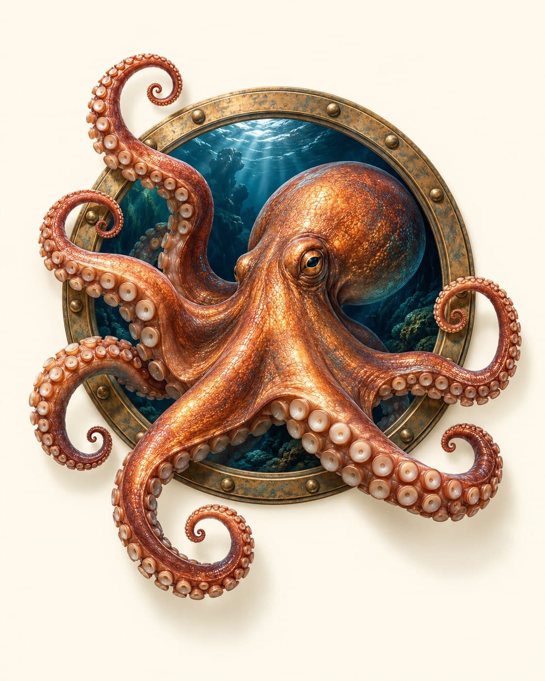 Octopus in patrijspoort: muurprint zonder kader, geprint op de muur