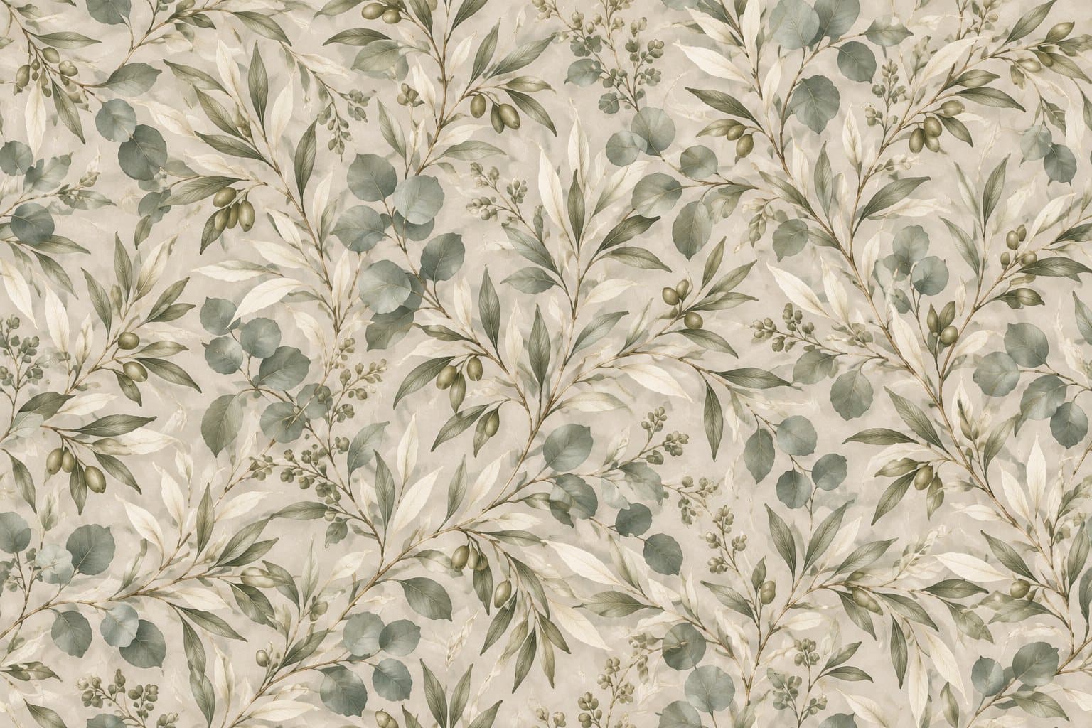 Olijf en eucalyptus: muurprint zonder kader, geprint op de muur