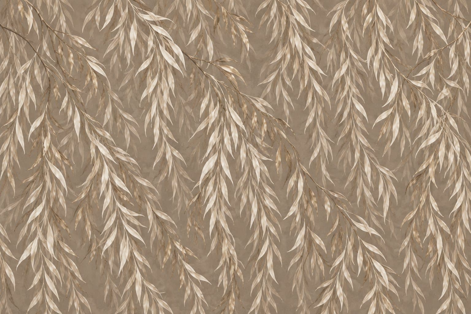 Treurwilg in taupe en goud: muurprint zonder kader, geprint op de muur