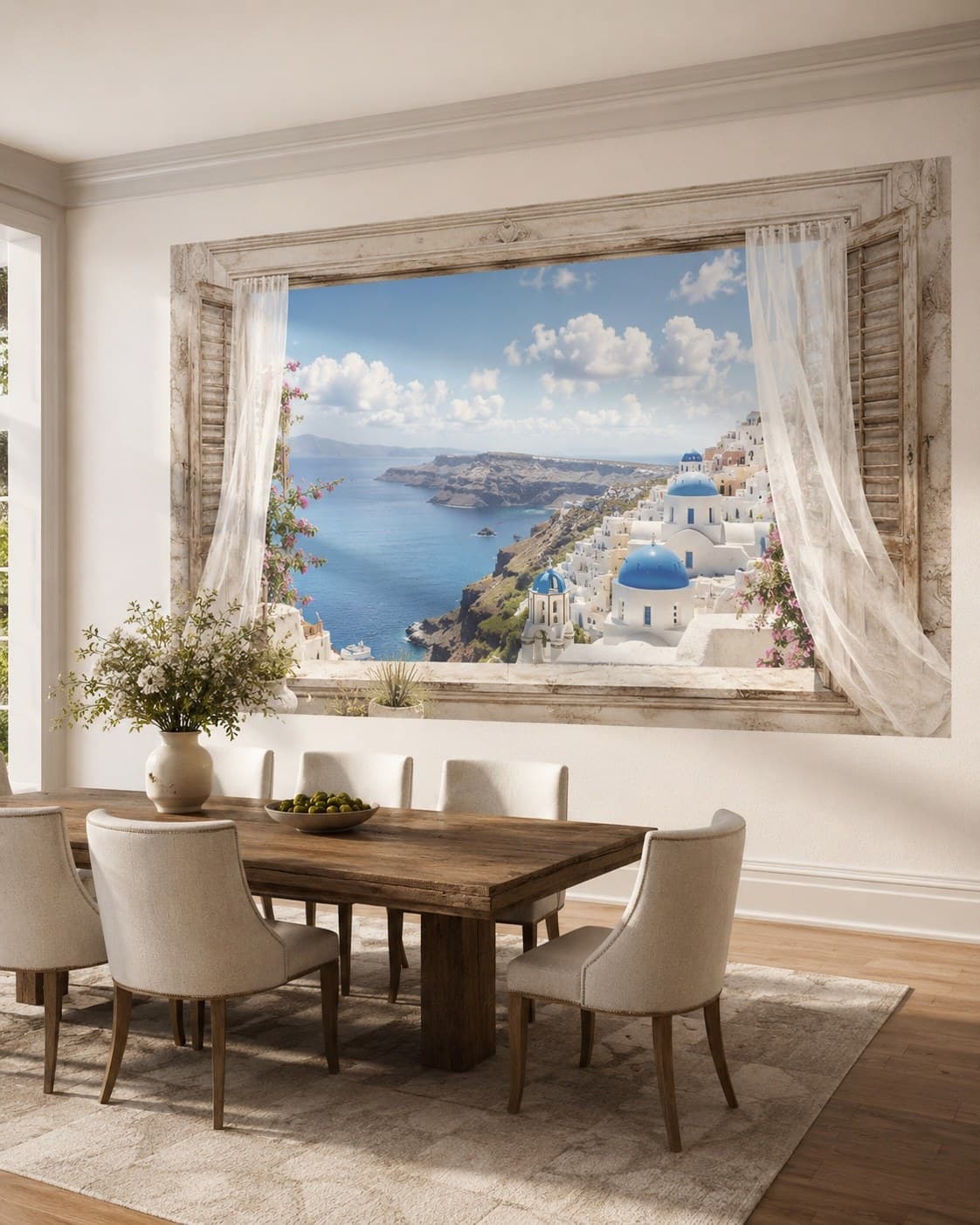 Open venster met uitzicht op Santorini, geprint boven een eettafel