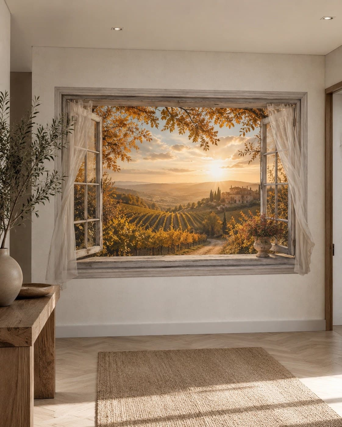 Open venster met uitzicht op Toscaanse wijngaarden bij zonsondergang, geprint in een hal