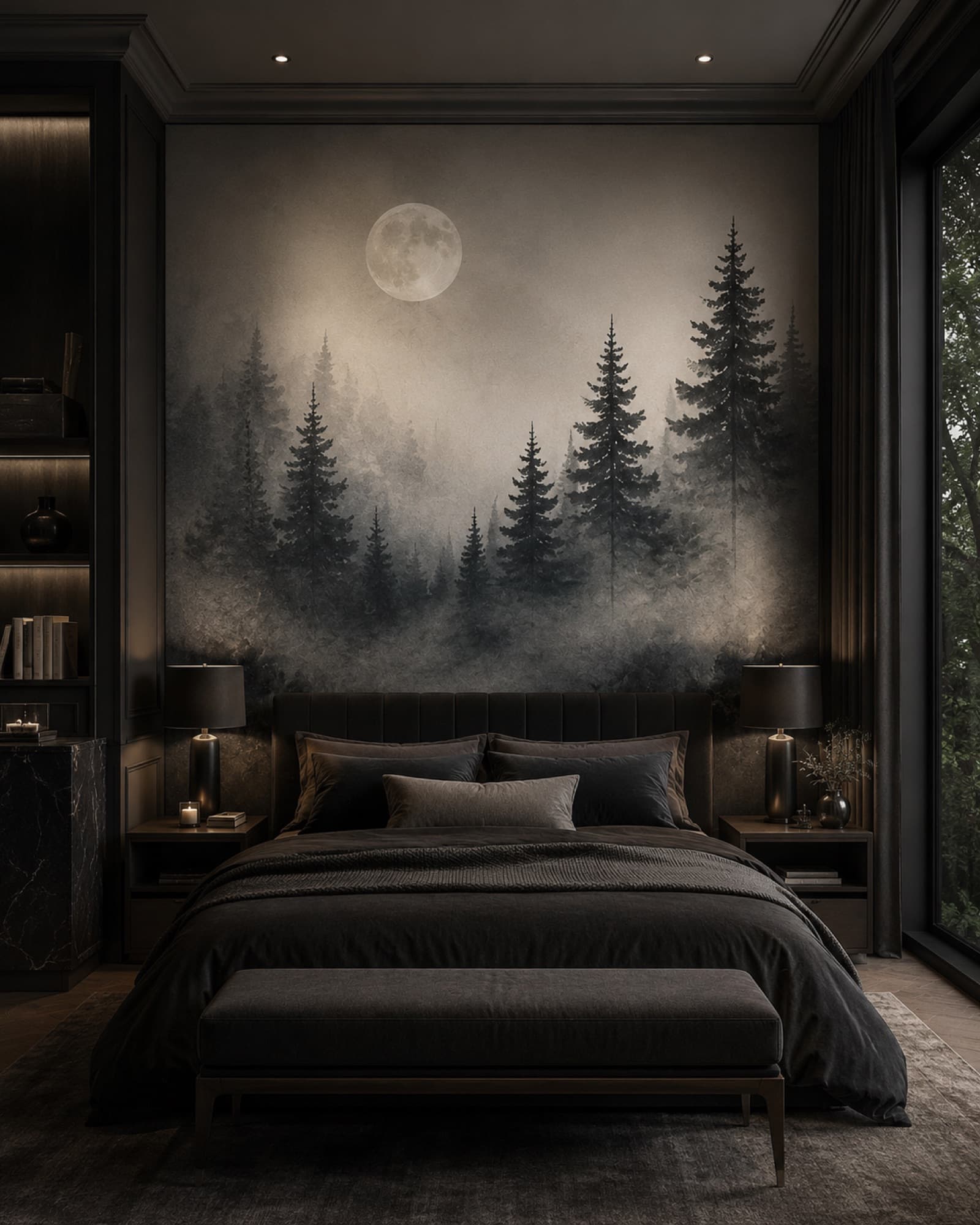 Nachtbos: muurprint in een slaapkamer