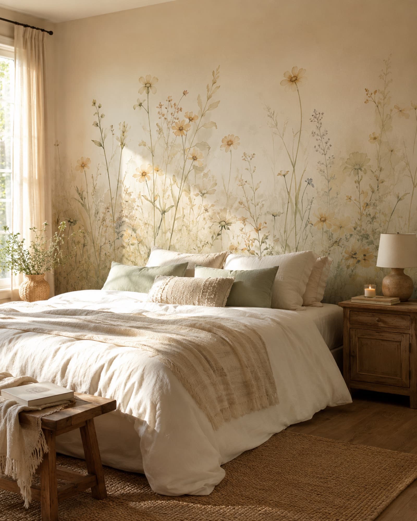 Veldbloemen: muurprint in een slaapkamer