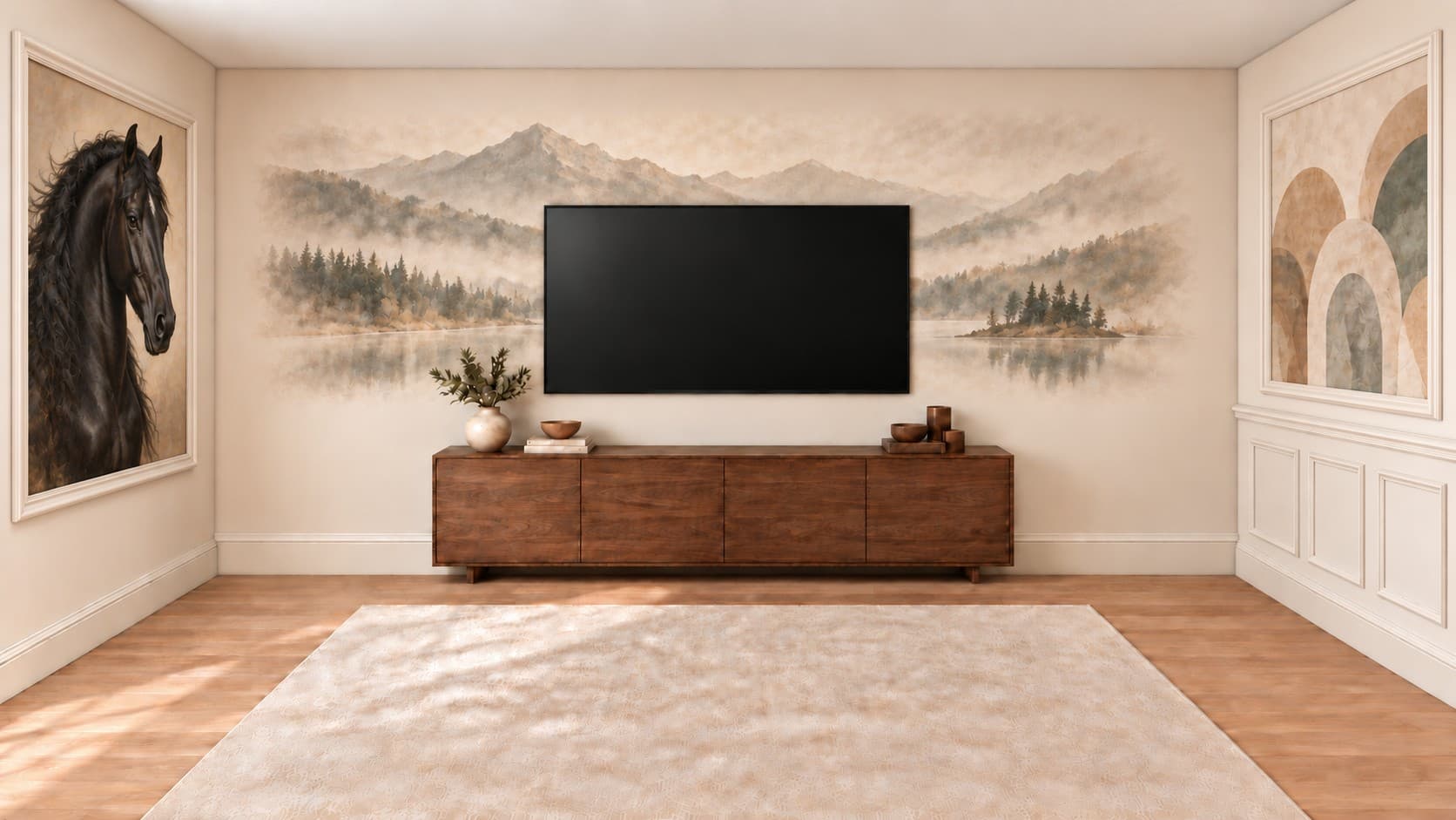 Woonkamer met drie wanden: berglandschap achter de tv, Fries paard in sierlijst en abstracte bogen boven lambrisering