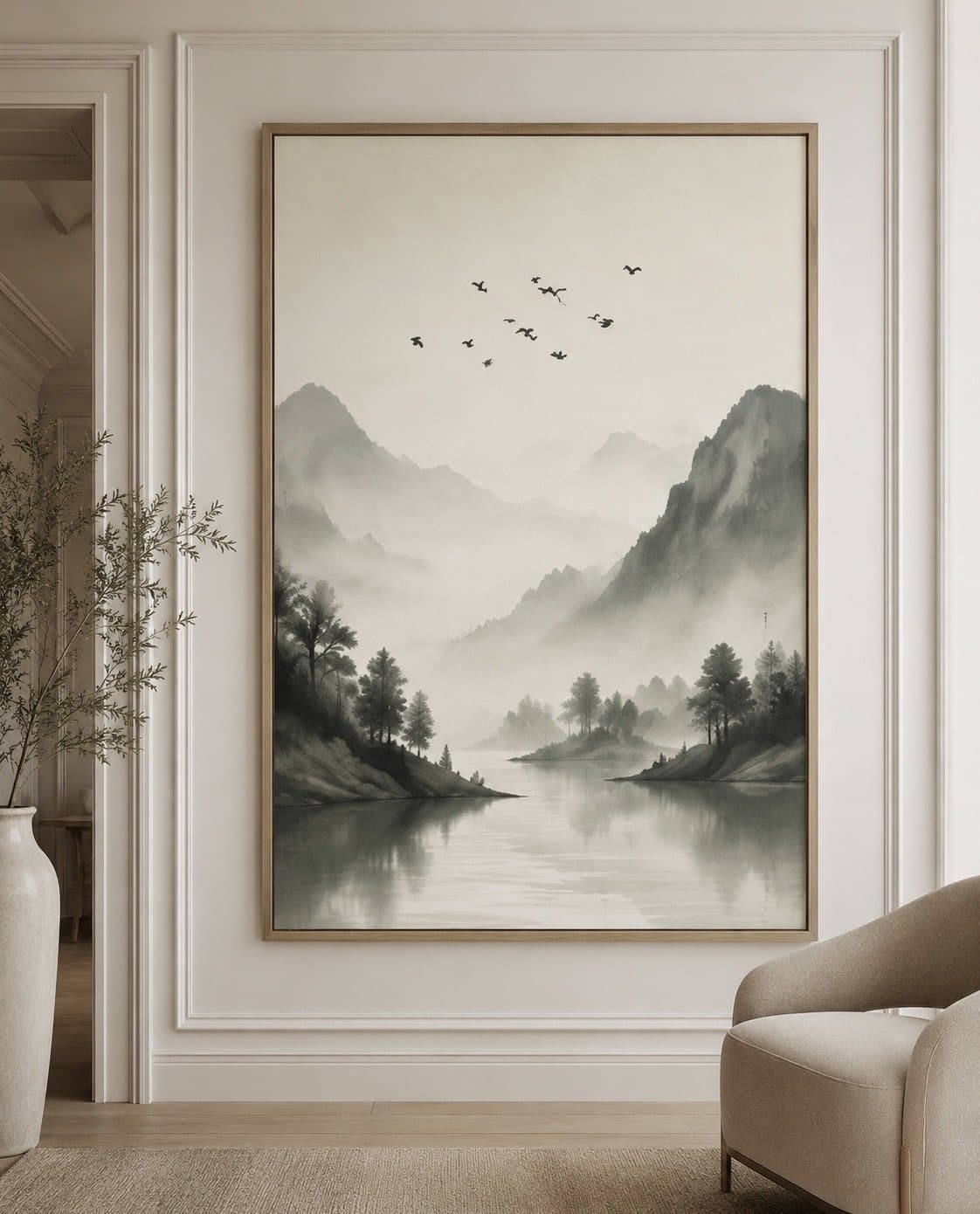 Bergmeer in mist: op de muur geprint en omlijst met een echte sierlijst