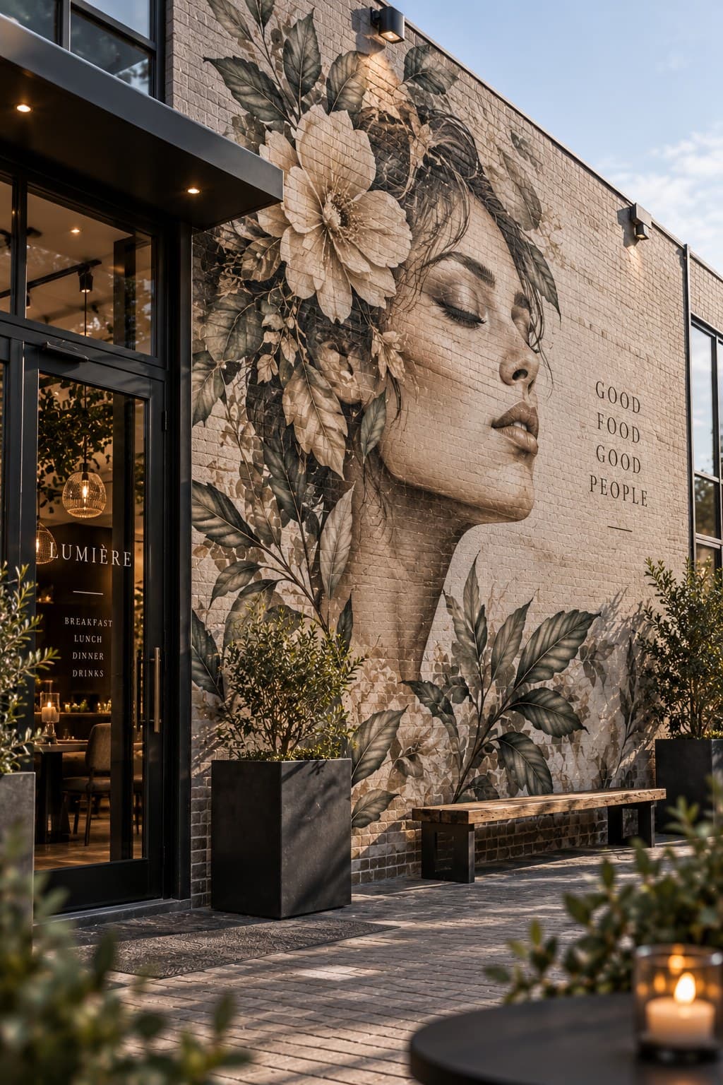 Designconcept: Gezicht tussen bloemen als muurprint, gevel (visualisatie)