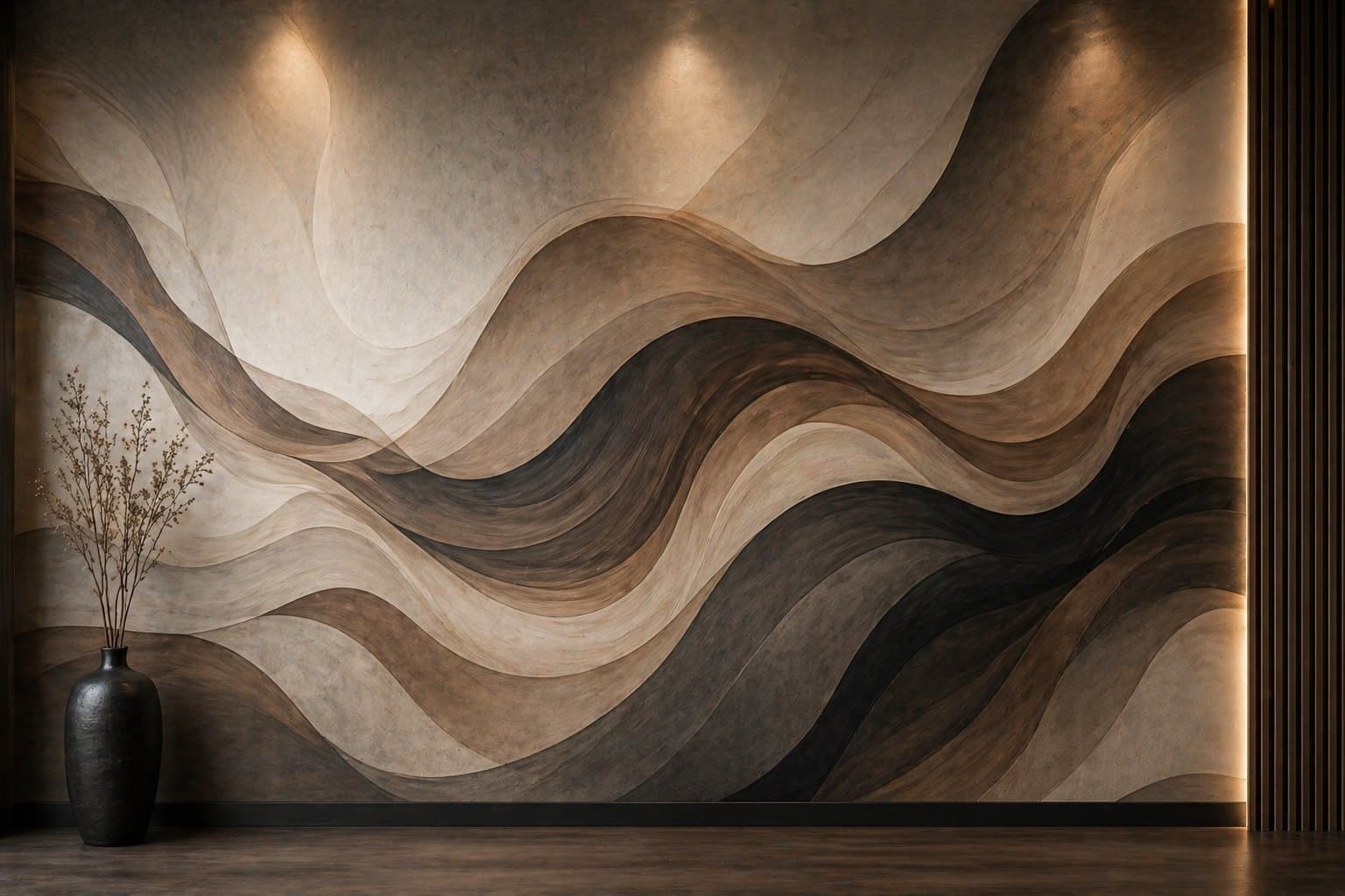 Abstracte golven in taupe, zand en antraciet op een loungewand