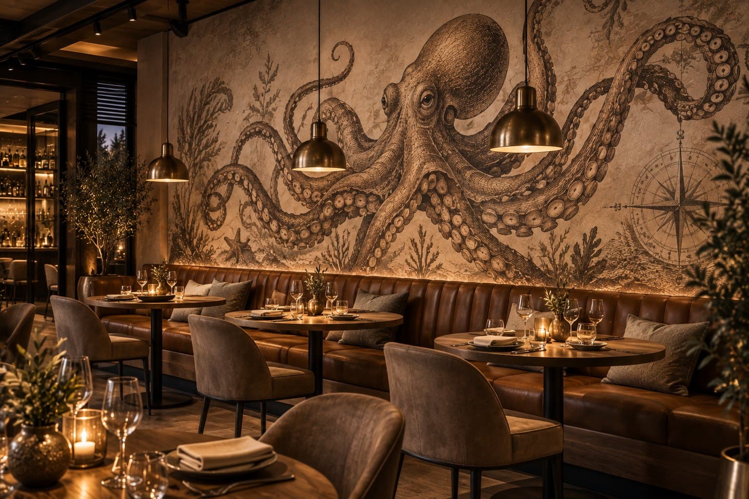 Een octopus in vintage stijl boven de banken: een wand die gasten onthouden.