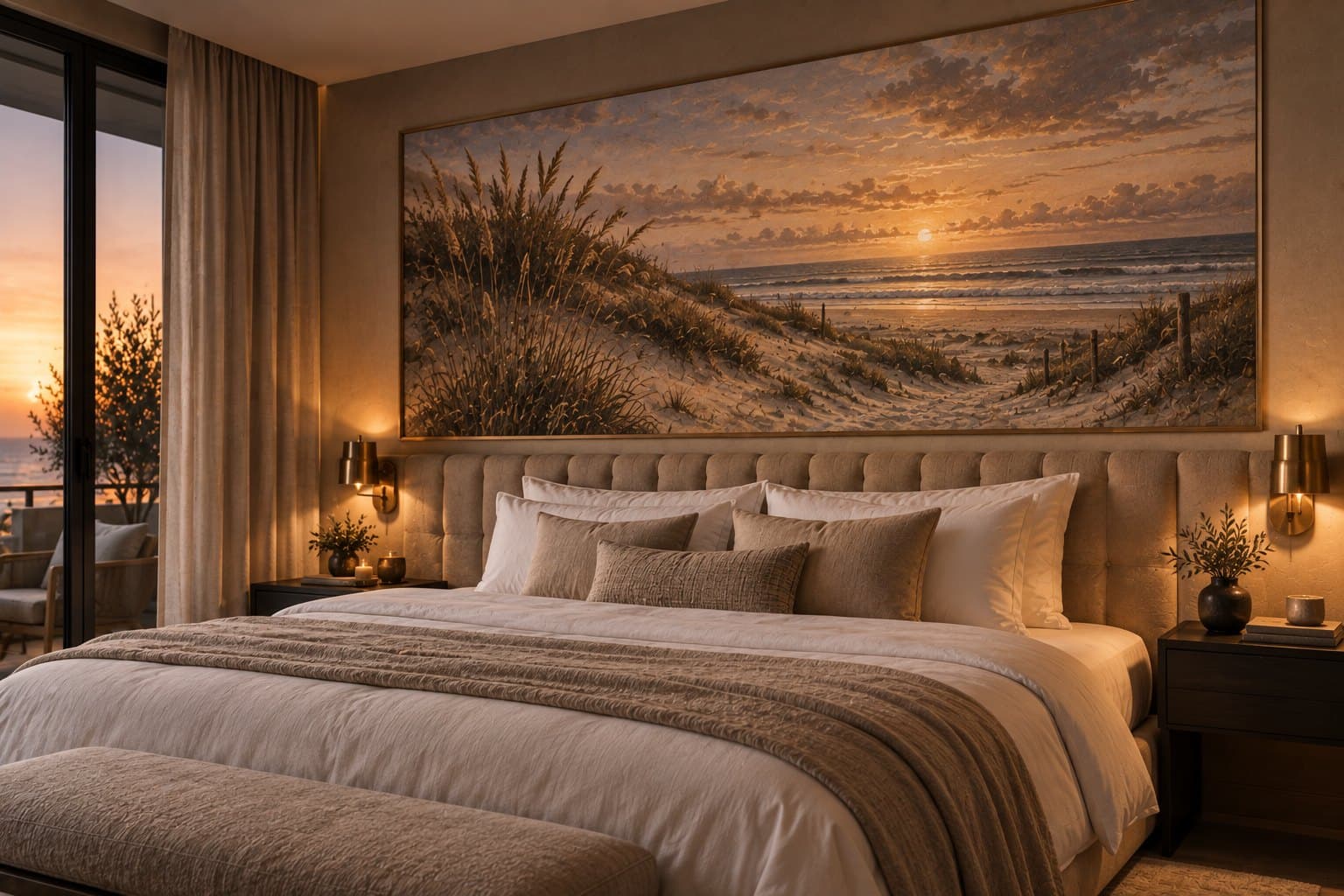 Een kustlandschap in lijst boven het bed, warm en rustig.