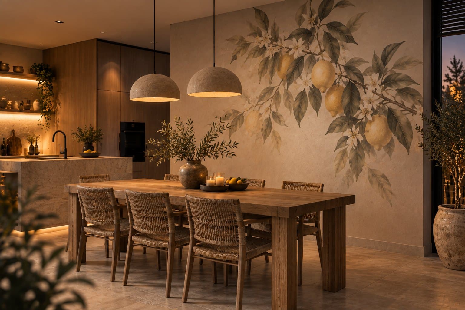 Een citroentak boven de tafel, met de rest van de wand rustig.