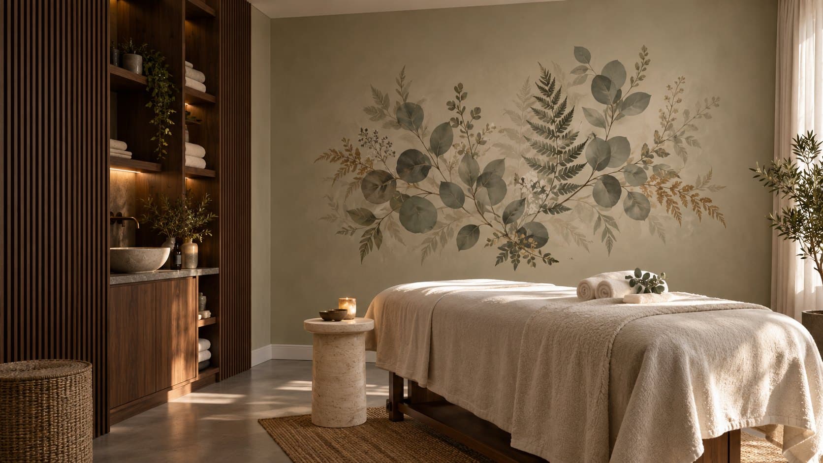 Eucalyptus en varens in zachte groentinten in een behandelruimte